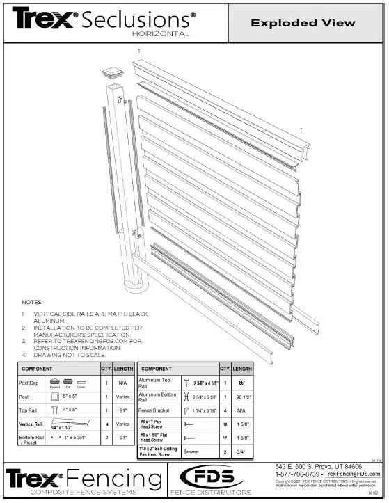 A shop drawing of a Trex Seclusions Horizontal Fence in Exploded View with a materials list